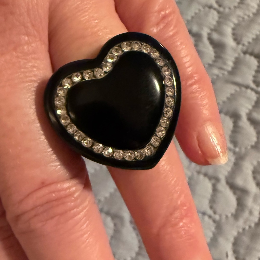 Statement Ring Black Enamel Heart Shape Clear Rhinestones Oversized Size 7.5